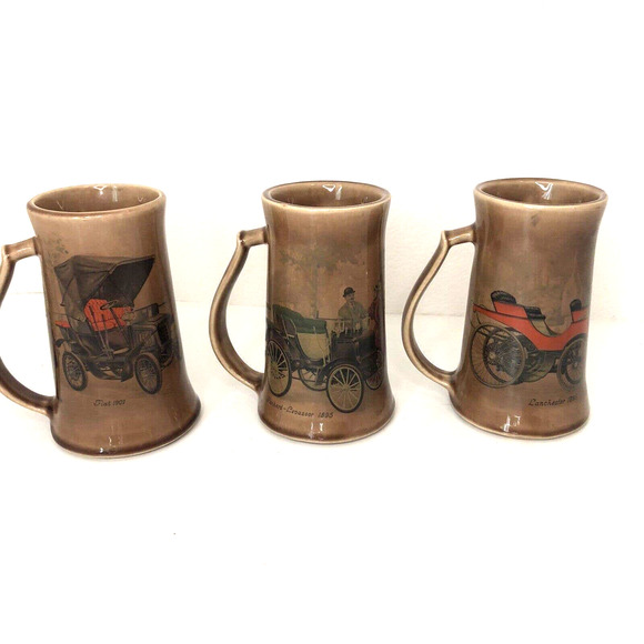 Vintage car mug set fiat Lanchester 1895 panhard levassor 1895 made in USA - Picture 1 of 7
